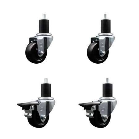 Service Caster 3'' Soft Rubber Wheel Swivel 1-3/4'' Expanding Stem Caster Set 2 Brakes, 4PK SCC-EX20S314-SRS-2-PLB-2-134